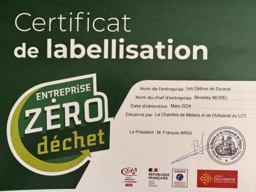 Les Délices de Duravel certificate Entreprise Zero déchet