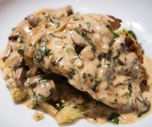 mushroom and garlic sauce forestiere with chicken, pork or veg