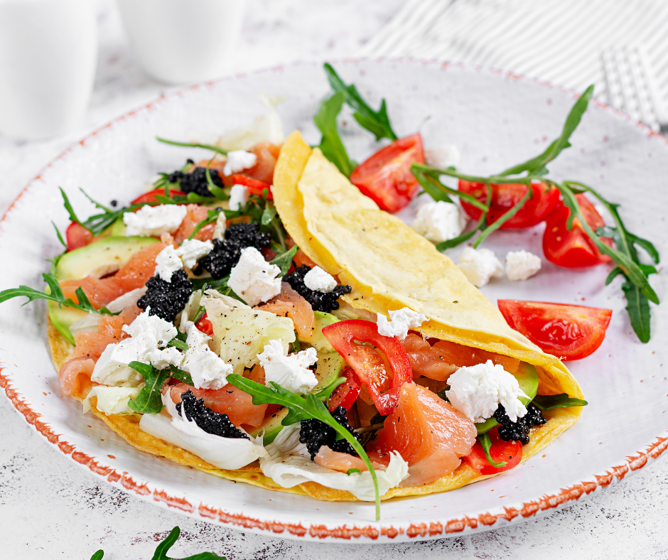 smoked salmon, cream cheese and caviar crepes
